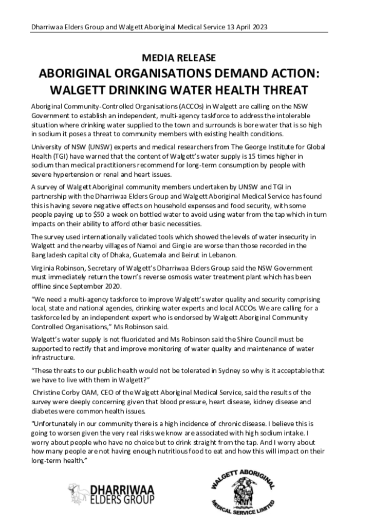 Aboriginal organisations demand action: Walgett drinking water health threat