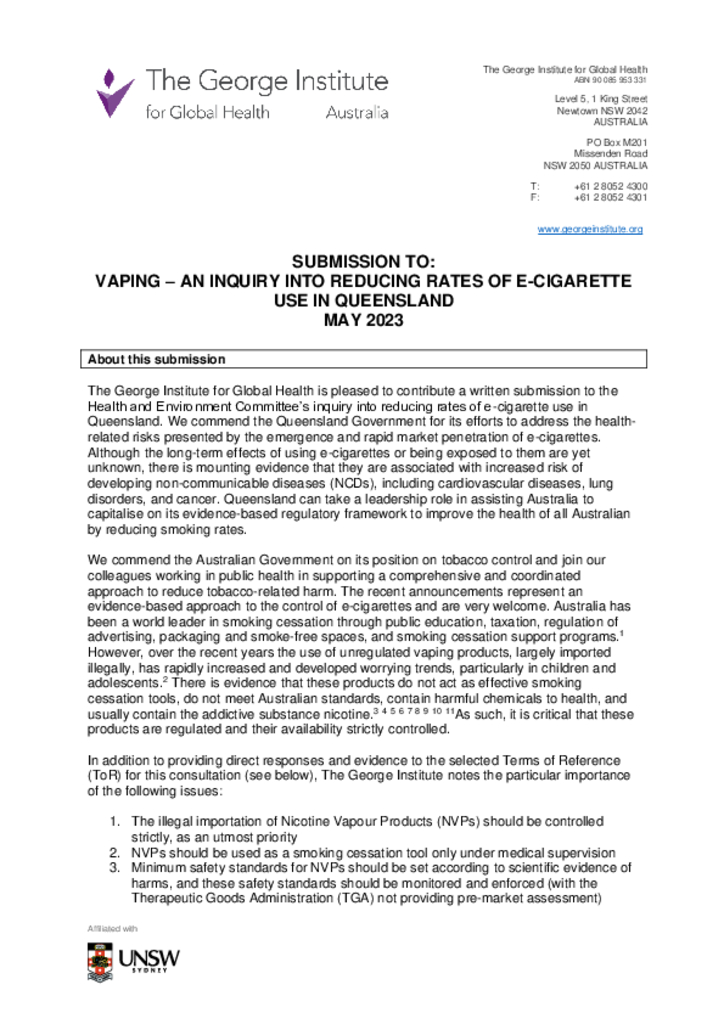 Submission to vaping – an inquiry into reducing rates of e-cigarette use in Queensland